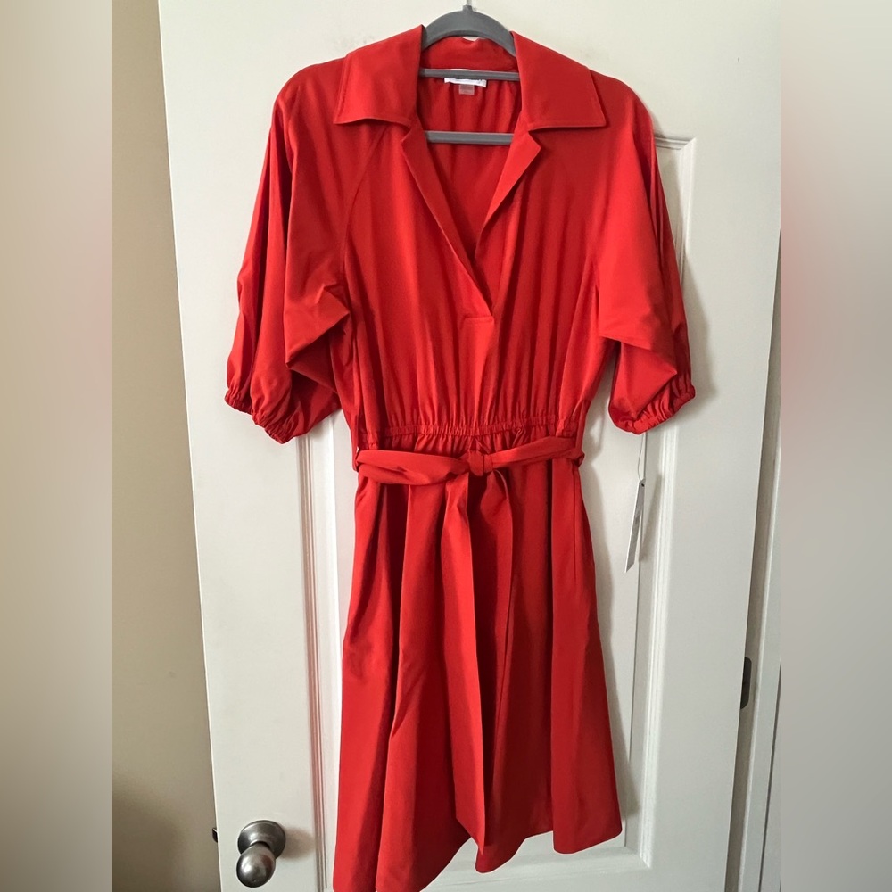 🆕 Sz 4 ⭐️ Calvin Klein CK — Rust Red Orange Midi Shirt Dress with Waist Tie